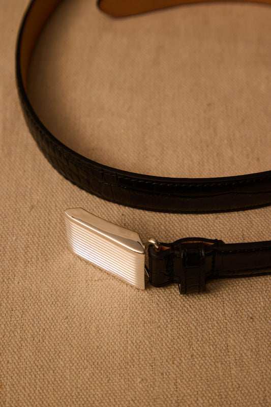 PELLE Sterling Silver Calf-Croc Leather Belt